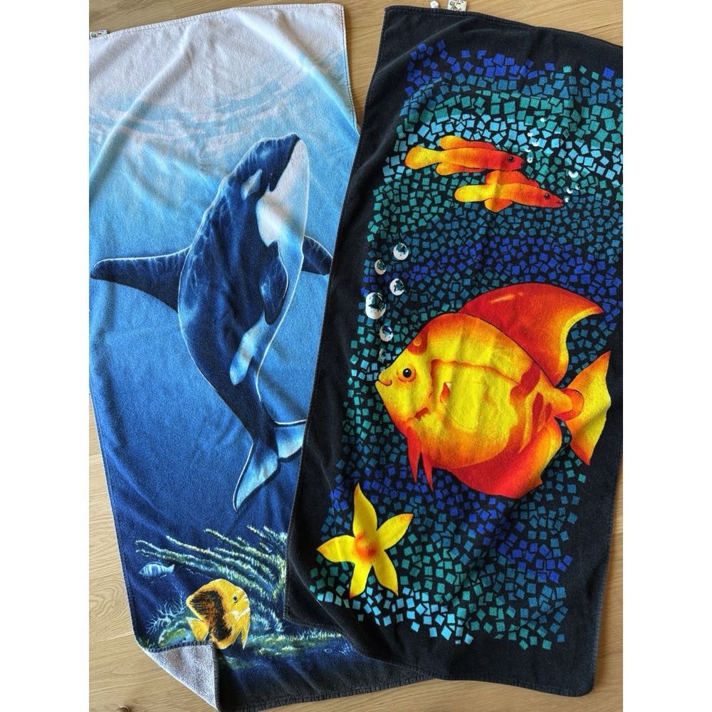 VTG  2 Pop Art Beach Towel Neon Ocean Fish Vibrant La Plage Orca Heavy 29x59